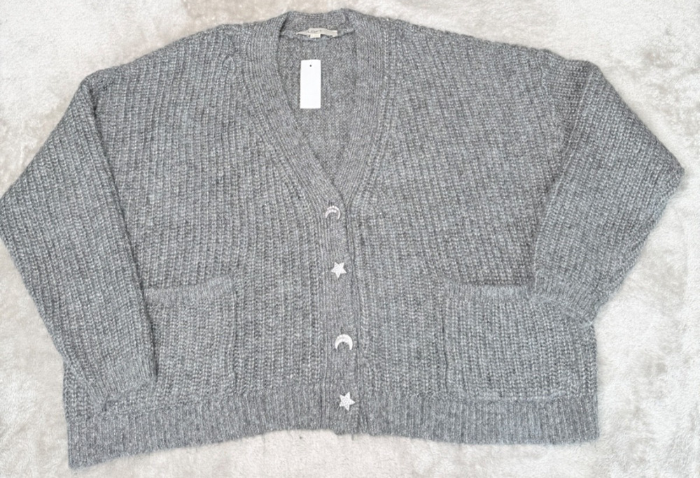 Loft Shimmer Moon & Star Jeweled Button Cardigan Gray Metallic Womens M NWT
